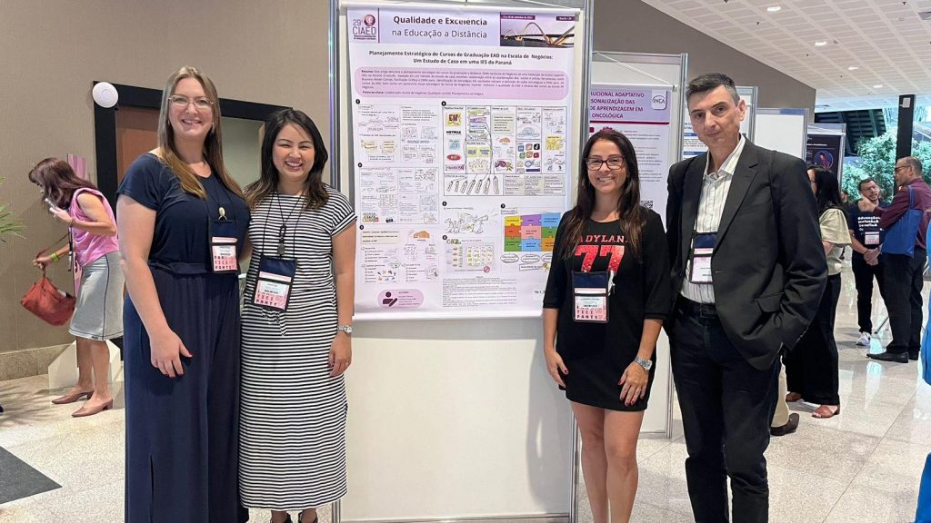 A foto apresenta os professores coordenadores dos cursos à distâncias na Escola de Negócios da PUCPR a frente do artigo-banner apresentado no congresso.