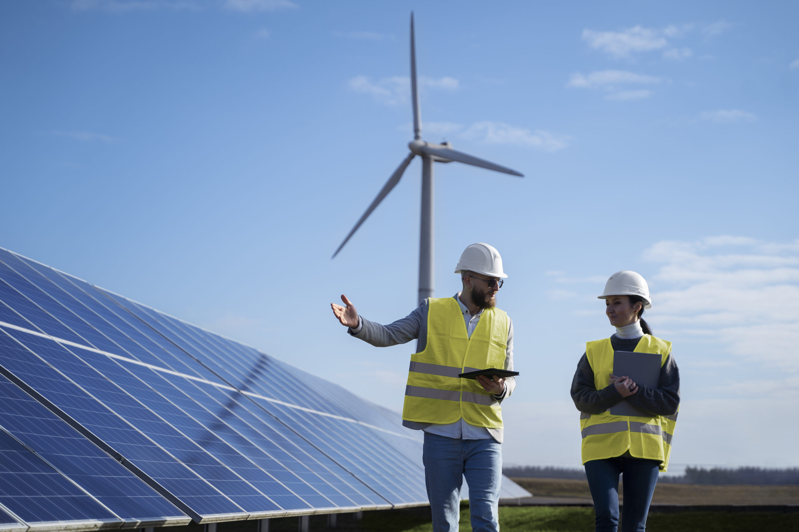 Uma engenheira e um engenheiro passeiam por um cenário que possui fontes de energias renováveis: painéis solares e turbina eólica.