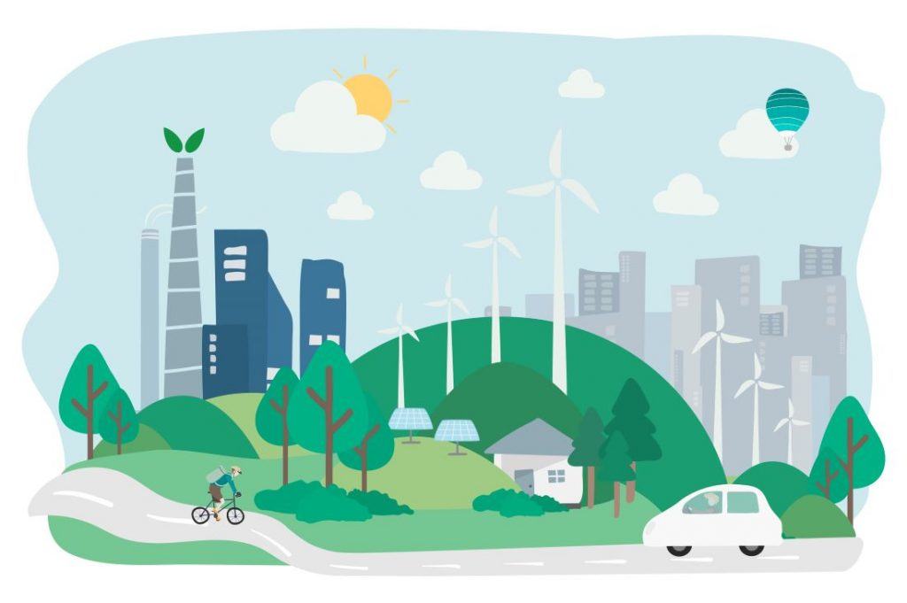Ilustração representa uma cidade sustentável com energia renovável